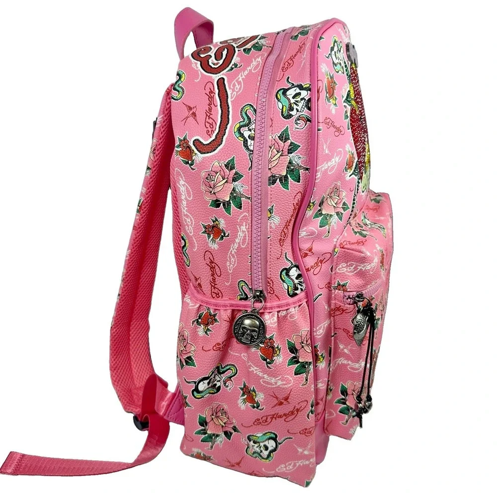 Ed Hardy Pink Multi Backpack NWT Rhinestone Hearts Skull Rose Tattoo Print Bag
